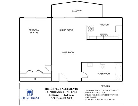 A floor plan for a 05 series apartment in the Helvetia Apartments.